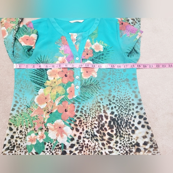 Soft Surroundings Tropical Floral Leopard Tunic Top Teal 3/4 Sleeve Size Medium - Picture 7 of 10